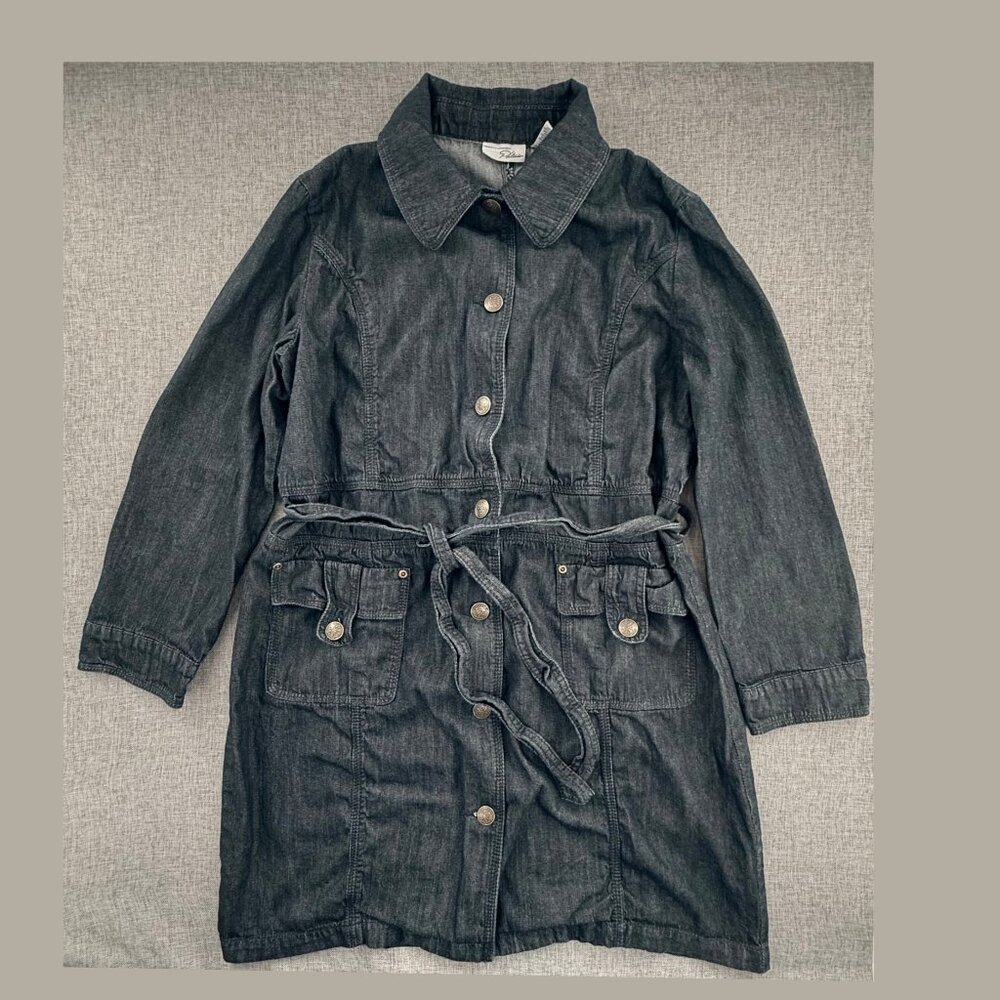 Chico's Platinum Jean Dress Belted Size 3= XL/16 Buttons Pockets Collared Cotton
